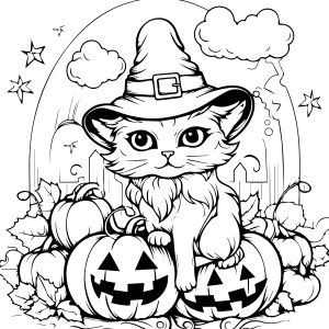 Gatinho de bruxa entre abóboras e nuvens para colorir