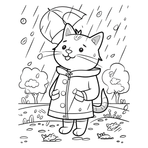 Gatinho de capa de chuva com guarda-chuva para colorir