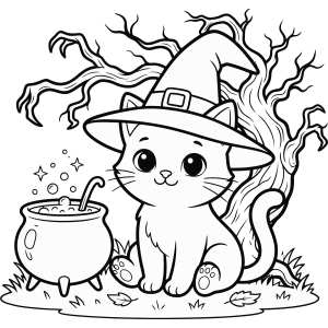 Gatinho de chapéu de bruxa ao lado do caldeirão para colorir
