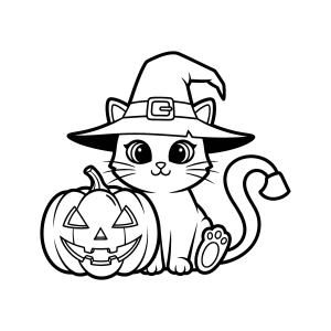 Gatinho de chapéu de bruxa com abóbora para colorir
