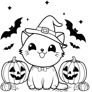 Gatinho de chapéu de bruxa com morcegos para colorir