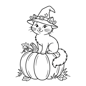 Gatinho de chapéu sentado na abóbora para colorir