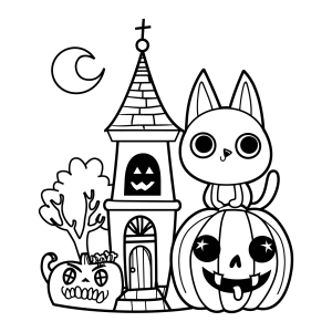 Gatinho em cima da casa assombrada com abóbora para colorir