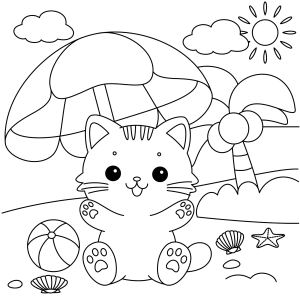 Gatinho embaixo do guarda-sol para colorir