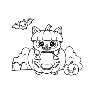 Gatinho fantasiado abraçando a abóbora para colorir