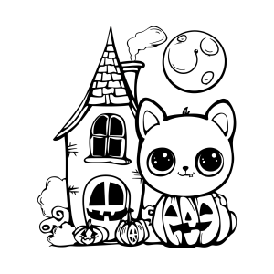 Gatinho kawaii na frente do castelo assombrado para colorir