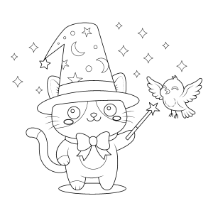 Gatinho mago com varinha e passarinho para colorir