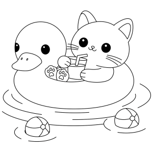 Gatinho na boia de pato comendo biscoito para colorir