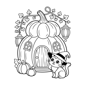 Gatinho na casinha de abóbora para colorir