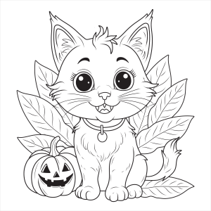 Gatinho peludo com abóbora iluminada para colorir