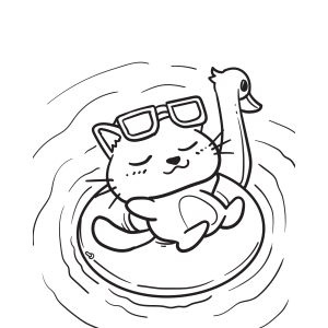Gatinho relaxando na boia de cisne para colorir