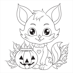 Gatinho sorridente com abóbora e folhas para colorir