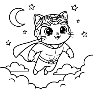 Gatinho super-herói voando entre as nuvens para colorir