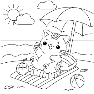Gatinho tomando sol na praia para colorir