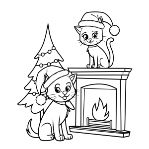 Gatinhos de gorro de Papai Noel na lareira para colorir