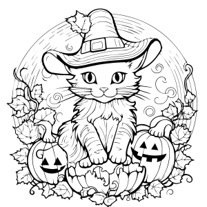 Gato bruxo peludo com abóboras para colorir