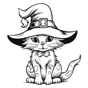 Gato de chapéu de bruxa sentado para colorir