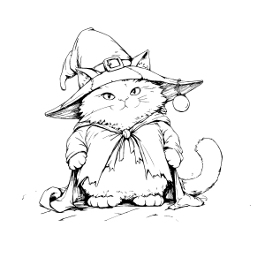 Gato feiticeiro de chapéu e capa para colorir