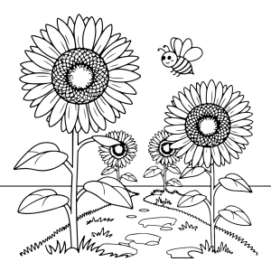 Girassóis com abelhas e pedrinhas para colorir