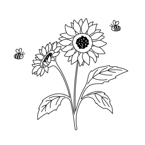 Girassol com abelhas voando ao redor para colorir