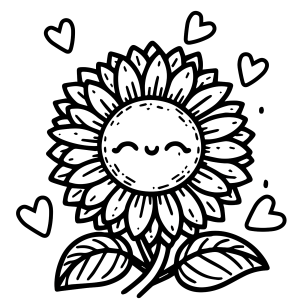 Girassol feliz cercado de corações para colorir