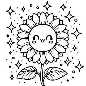 Girassol kawaii sorridente entre estrelas para colorir