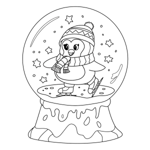Globo de neve com pinguim de gorro para colorir
