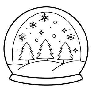Globo de neve com três pinheiros e flocos para colorir