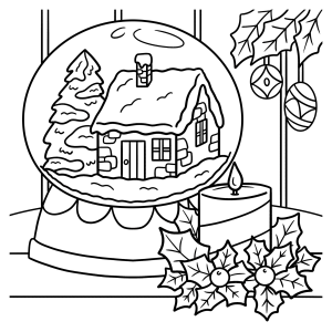Globo de neve decorado com guirlanda e casinha para colorir