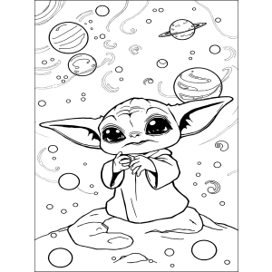 Grogu flutuando no espaço entre planetas para colorir