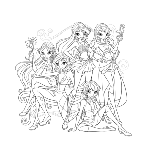 Grupo Winx em transformação mágica para colorir
