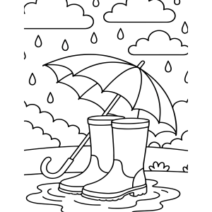 Guarda-chuva e botas de chuva no quintal para colorir