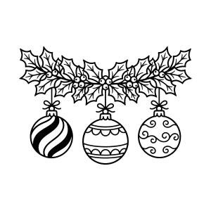 Guirlanda de azevinho com três bolas de Natal para colorir