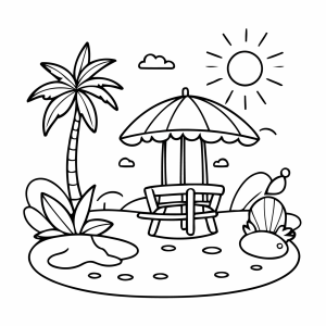 Ilha com guarda-sol e mesa de piquenique para colorir