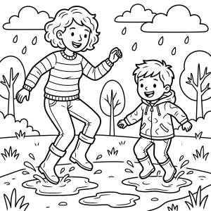 Irmãos brincando na chuva para colorir