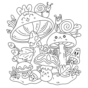 Jardim mágico de cogumelos com caracol para colorir