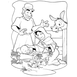 José, Maria, o Menino Jesus e o burrinho curioso para colorir