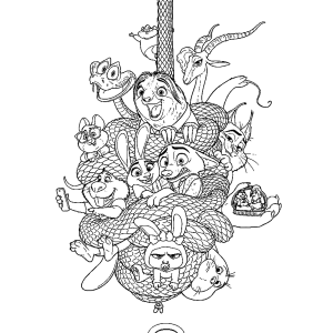 Judy Hopps e Nick Wilde com os personagens de Zootopia para colorir
