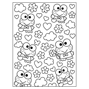 Keroppi entre flores e corações para colorir