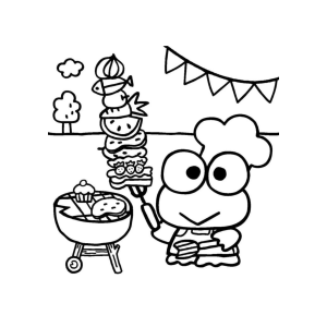 Keroppi fazendo churrasco na festa para colorir