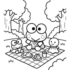 Keroppi fazendo piquenique no parque para colorir