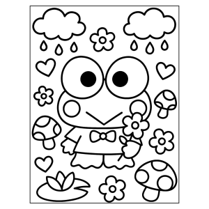 Keroppi na chuva com cogumelo e vitória-régia para colorir