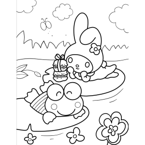 Keroppi nadando na lagoa com flores para colorir