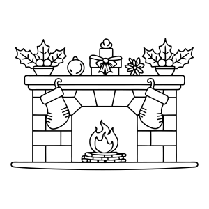 Lareira com azevinho, velas e meias para colorir