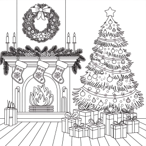 Lareira com guirlanda ao lado da árvore de Natal para colorir