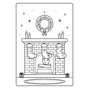 Lareira com guirlanda, velas e tapete para colorir