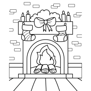 Lareira com laço, velas e meias penduradas para colorir