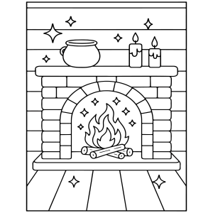 Lareira de tijolos com velas e caldeirão para colorir