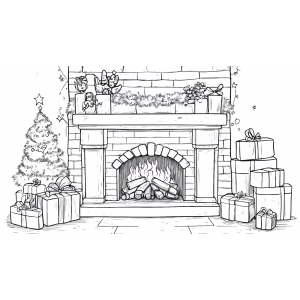 Lareira decorada com árvore de Natal e presentes para colorir