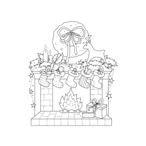 Lareira decorada com meias e guirlanda para colorir